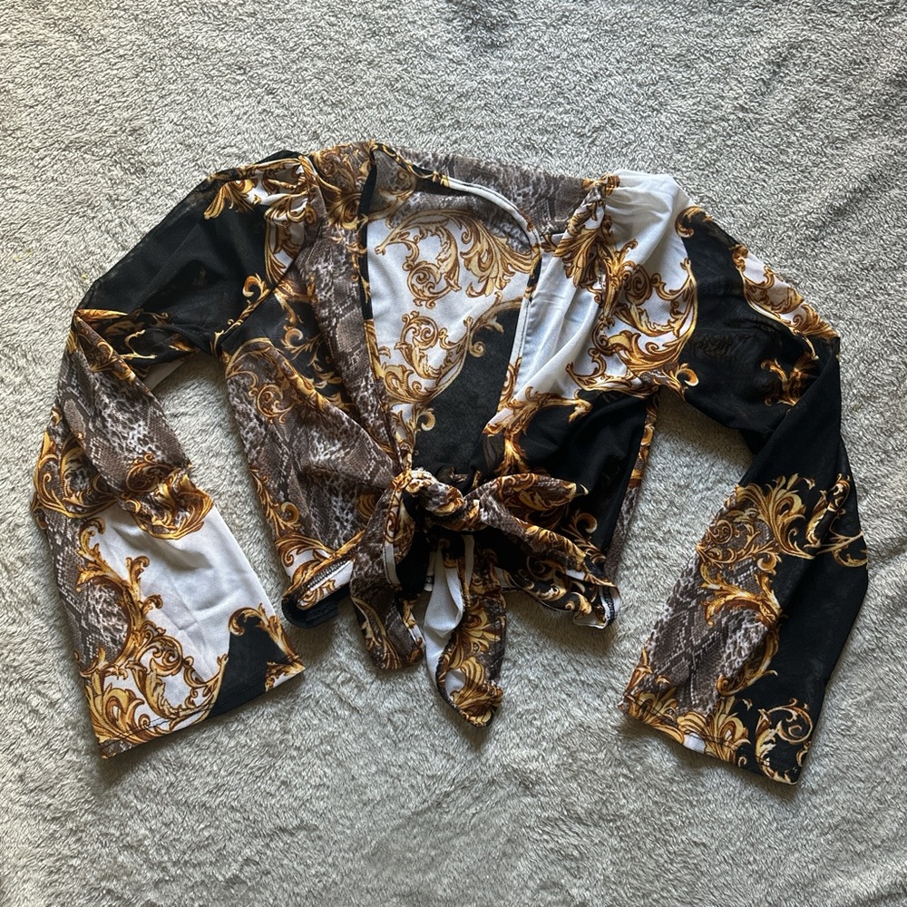 Versace style long sleeve crop top with tie front detail